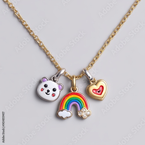 Cheerful Rainbow, Bear, and Heart Enamel Charms Gold Necklace