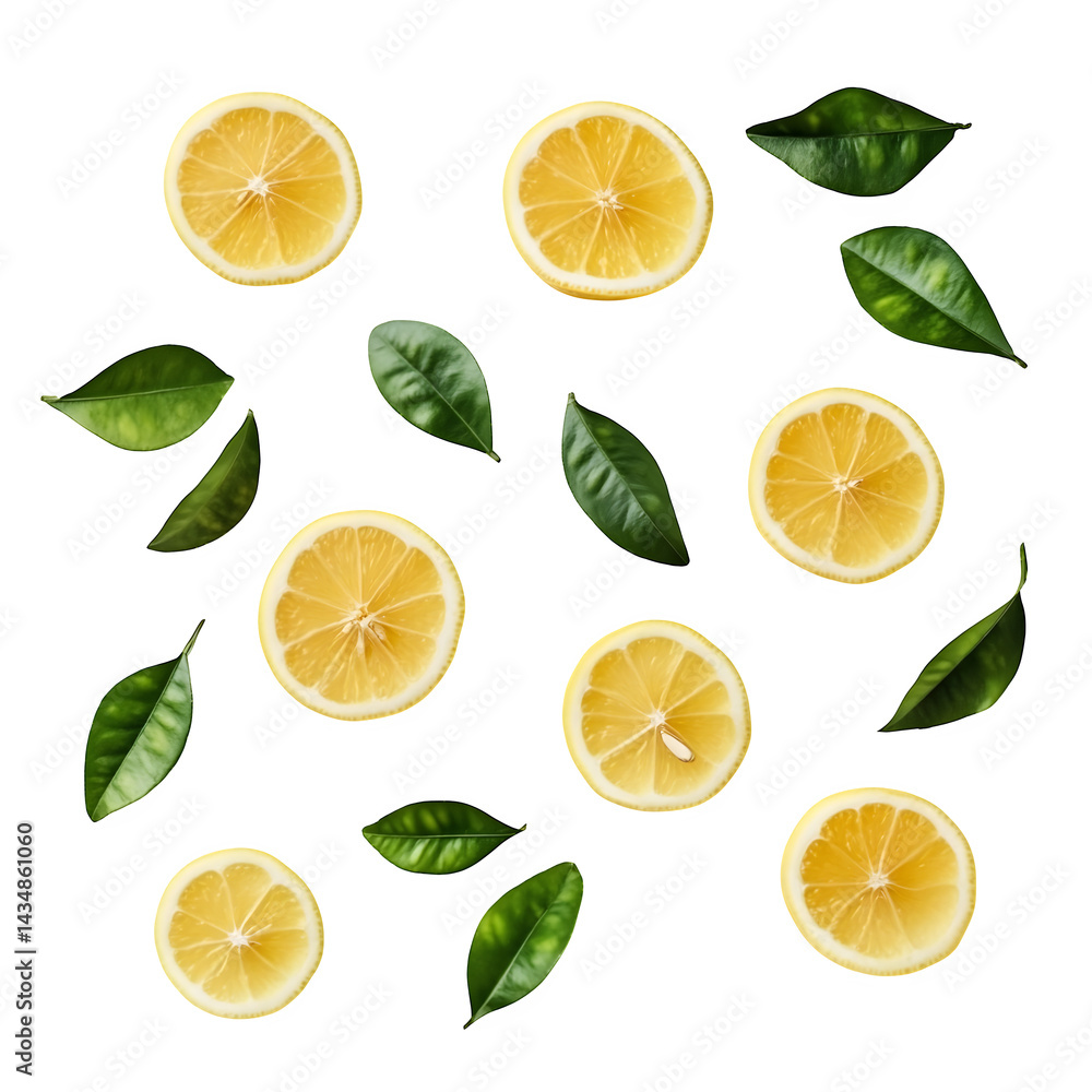 Isolated Lemon Slices with Leaves Isolated White Background Isolated Lemon Slices with Leaves Isolated White Background