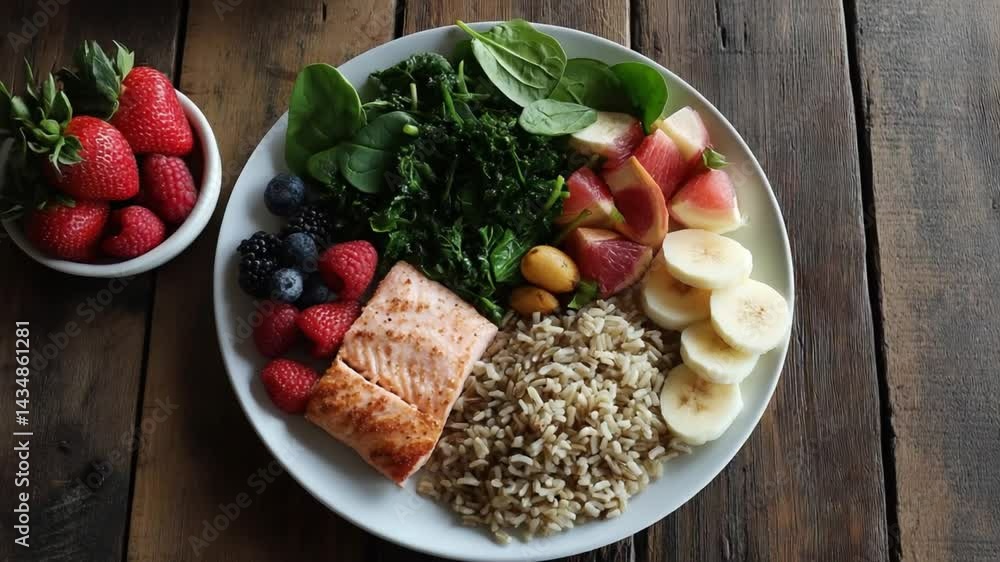 Flat lay of a balanced lunch with lean protein, brown rice, leafy greens, and sliced fruits.
Flat lay of a balanced lunch with lean protein, brown rice, leafy greens, and sliced fruits.
