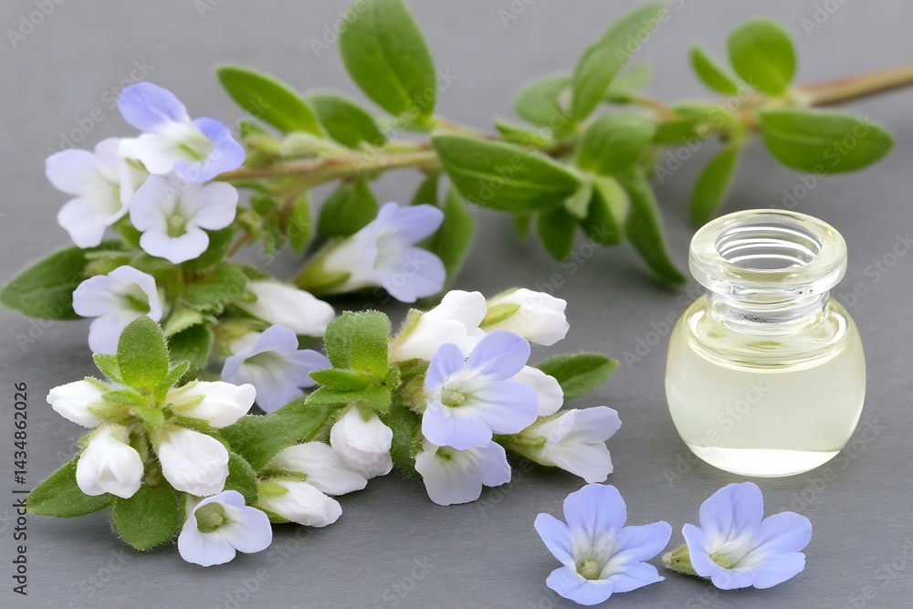 Elegant floral essence composition featuring small blue blossoms and oil vial Elegant floral essence composition featuring small blue blossoms and oil vial