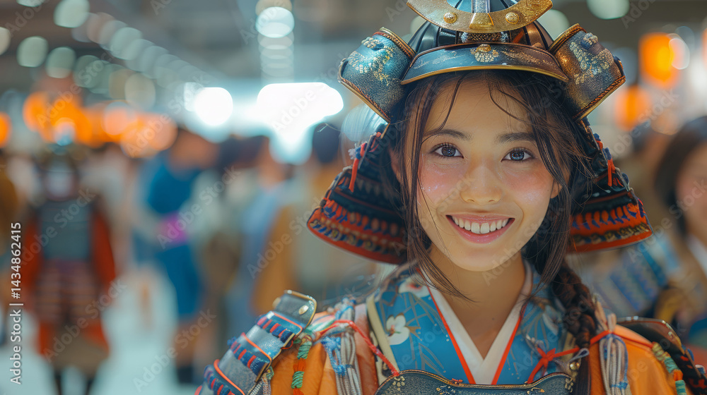 Dressed in eye catching Samurai armor, a Japanese woman brings fun and warmth to business conversations at a trade fair. Dressed in eye catching Samurai armor, a Japanese woman brings fun and warmth to business conversations at a trade fair.