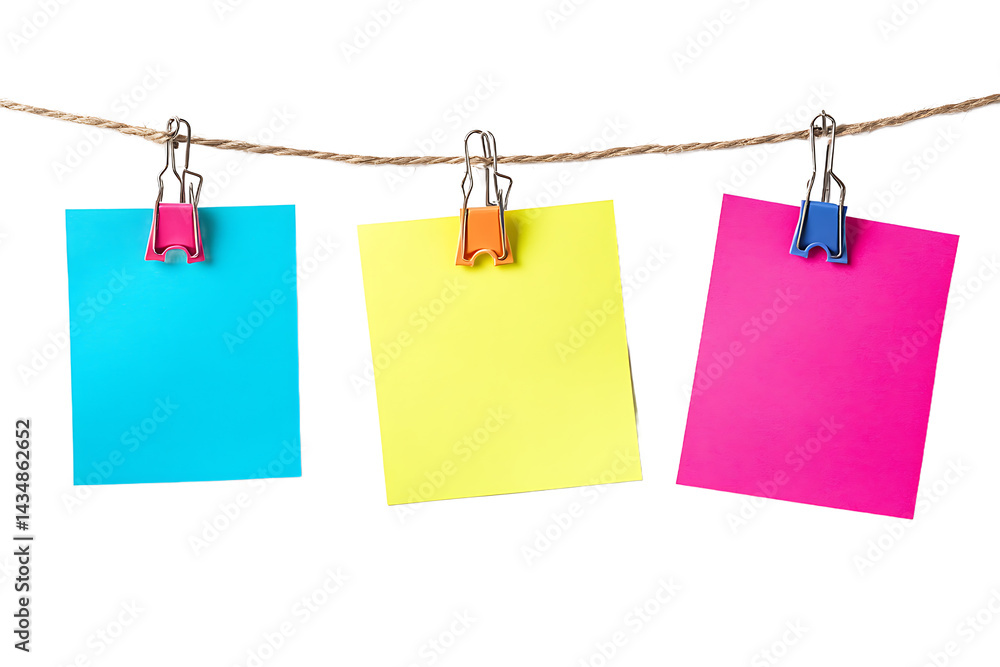 Three colorful sticky notes hanging from a string with colorful clips on a black background space for text Three colorful sticky notes hanging from a string with colorful clips on a black background space for text