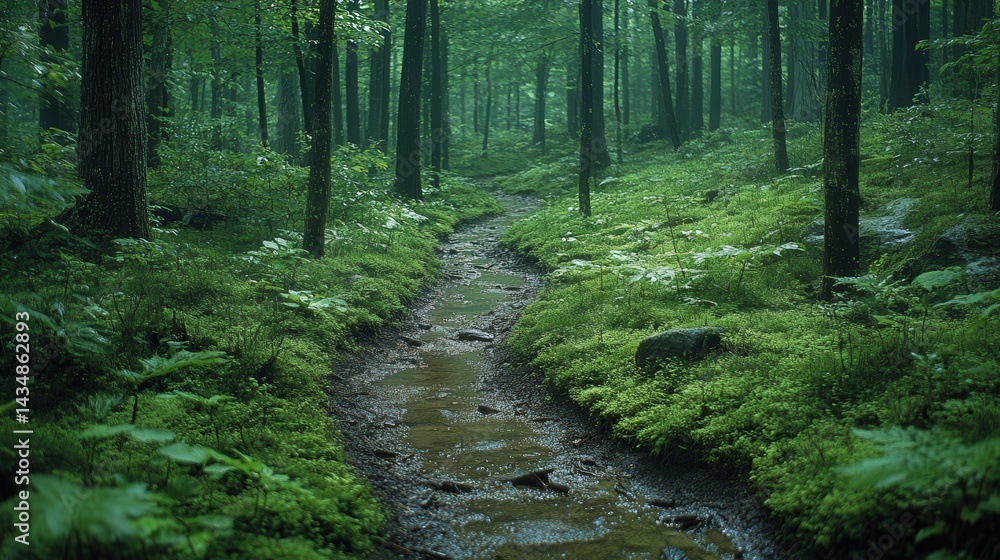 Fototapeta premium Lush, moss-covered forest trail winding through a tranquil stream.