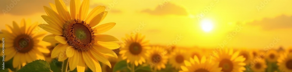 Obraz premium Giant sunflowers, vibrant yellow blooms against sunny backdrop, bright, detail