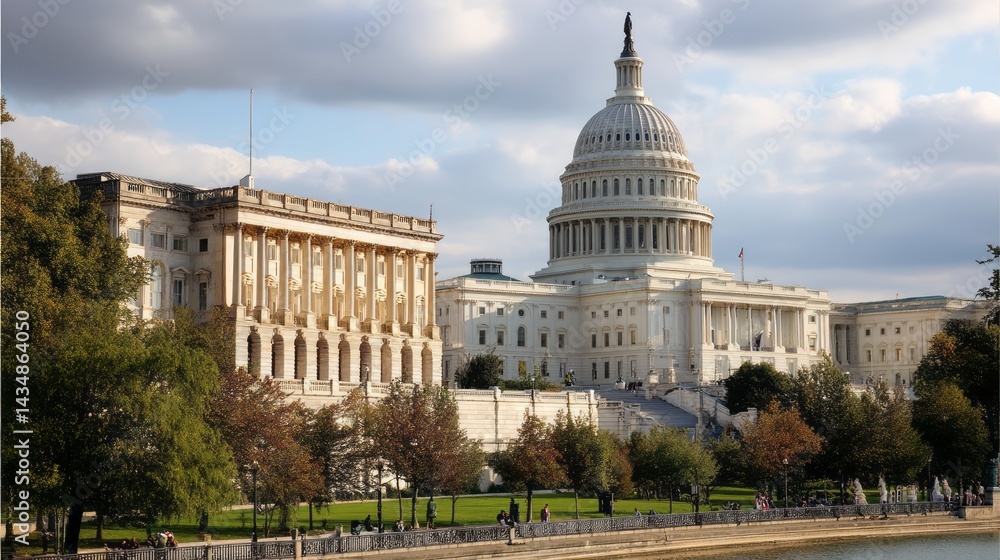 Obraz premium The United States Capitol building under a cloudy sky.