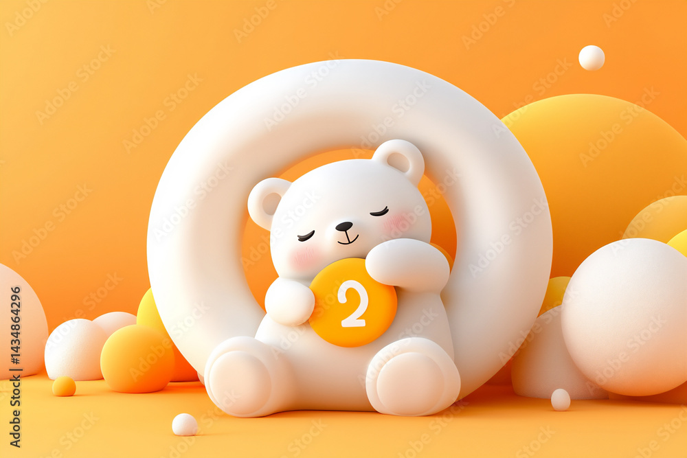 Naklejka premium adorable bear hugging the number 2, soft orange background, simple shapes