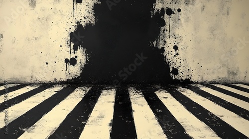 Empty room with distressed walls and black splatters.  Dark, aged,  industrial  ambiance