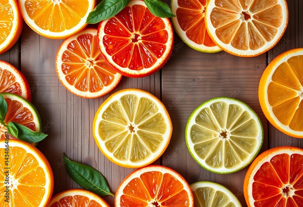Obraz premium Vibrant citrus fruit slices, scattered on rustic wood background, wood, peel