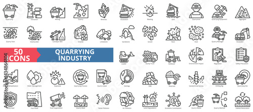 Quarrying industry icon collection set. Containing extraction, mining, quarry, minerals, excavation, blasting, drill, quarryman, equipment, aggregate icon. Simple outline vector illustration.