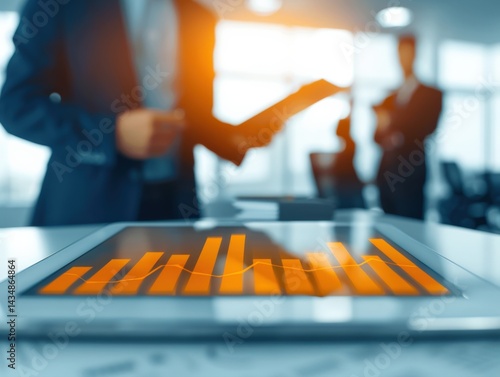 A blurred office scene with a tablet displaying orange graphs, symbolizing business analytics and data-driven decision-making.