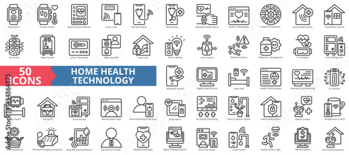 Home health technology icon collection set. Containing smartwatch, fitness tracker, blood pressure, smart scale, remote patient monitoring, telemedicine icon. Simple outline vector illustration.