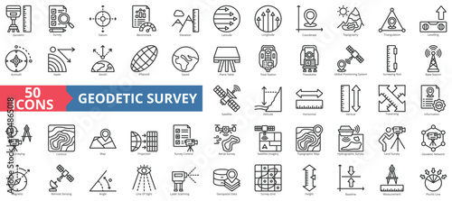 Geodetic survey icon collection set. Containing survey, datum, benchmark, elevation, latitude, longitude, coordinate, topography, azimuth, theodolite icon. Simple outline vector illustration.