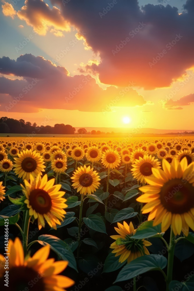 Fototapeta premium Massive sunflower field ablaze with sunset hues , light, imagery, amazing