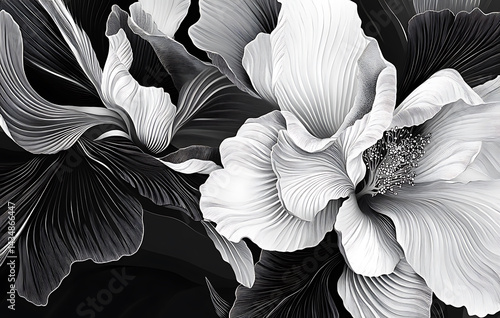 Abstract Black And White Floral Design With Intricate Petals And Dark Background