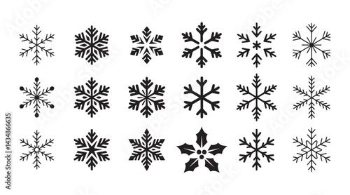 Silhouette icon set of christmas snowflake vector elements on white background
