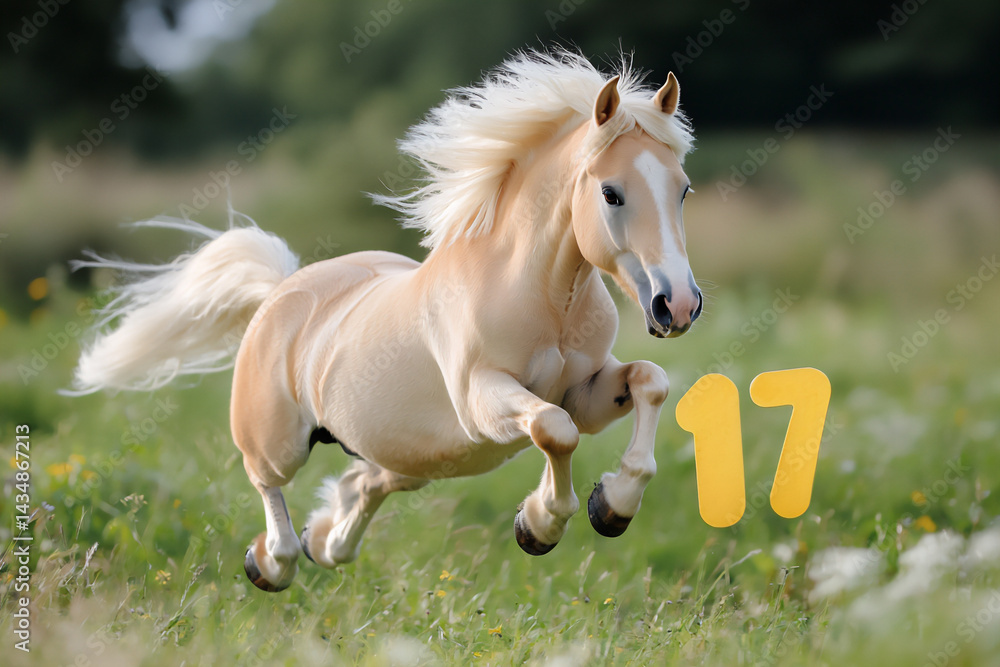 Obraz premium excited horse jumping over the number 17, bright green field background, fun and energetic