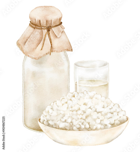 Minimalistic dairy set with jug, glass of milk, and cottage cheese on white background. Ideal for eco product packaging, minimalist food blogs, menus, and farm shop ads, Shavuot