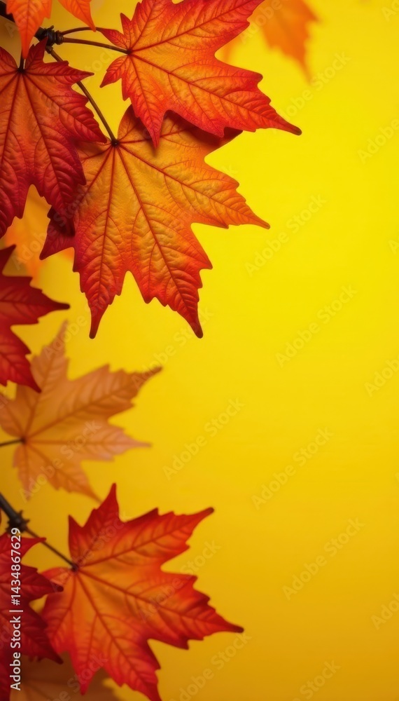 Crisp autumn leaves, swirling down, vibrant yellow backdrop, stock, fall, gold Crisp autumn leaves, swirling down, vibrant yellow backdrop, stock, fall, gold