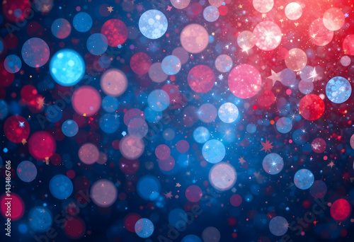 Abstract bokeh background with colorful lights, red and blue hues, and a festive cosmic atmosphere.