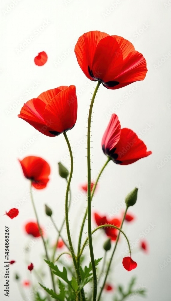 Fototapeta premium Vibrant red poppies, delicate petals, stark white backdrop, field, texture