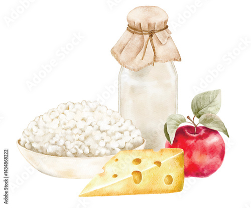Rustic dairy composition with milk, cottage cheese, cheese, and red apple on white background. Perfect for postcards, organic farm posters, menus, eco-themed designs, and food blogs