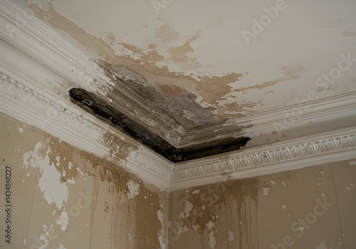 a damaged and stained white ceiling with visible water marks and peeling paint, indicating the need for restoration. a water-damaged ceiling, Water damage repair,	
