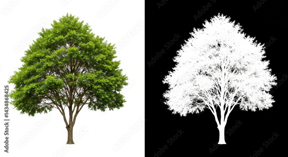 Fototapeta premium Isolated tree with green leaves and a white tree on a black background for masking purposes