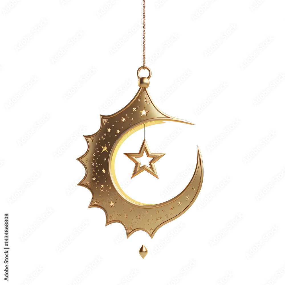 Title: Golden Crescent Moon with Traditional Lantern and Hanging Stars
Title: Golden Crescent Moon with Traditional Lantern and Hanging Stars