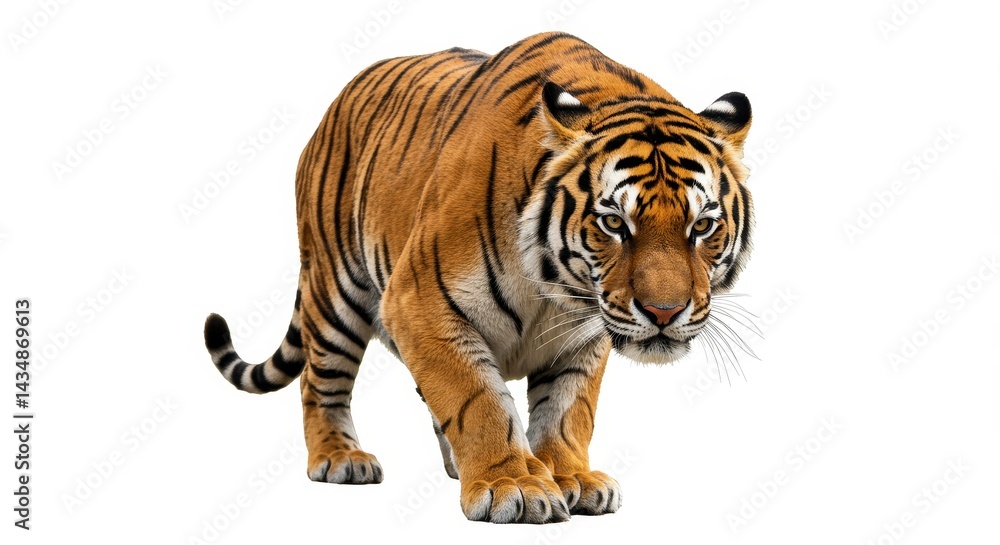 Obraz premium A majestic tiger walking forward with its powerful body on a plain white studio background view