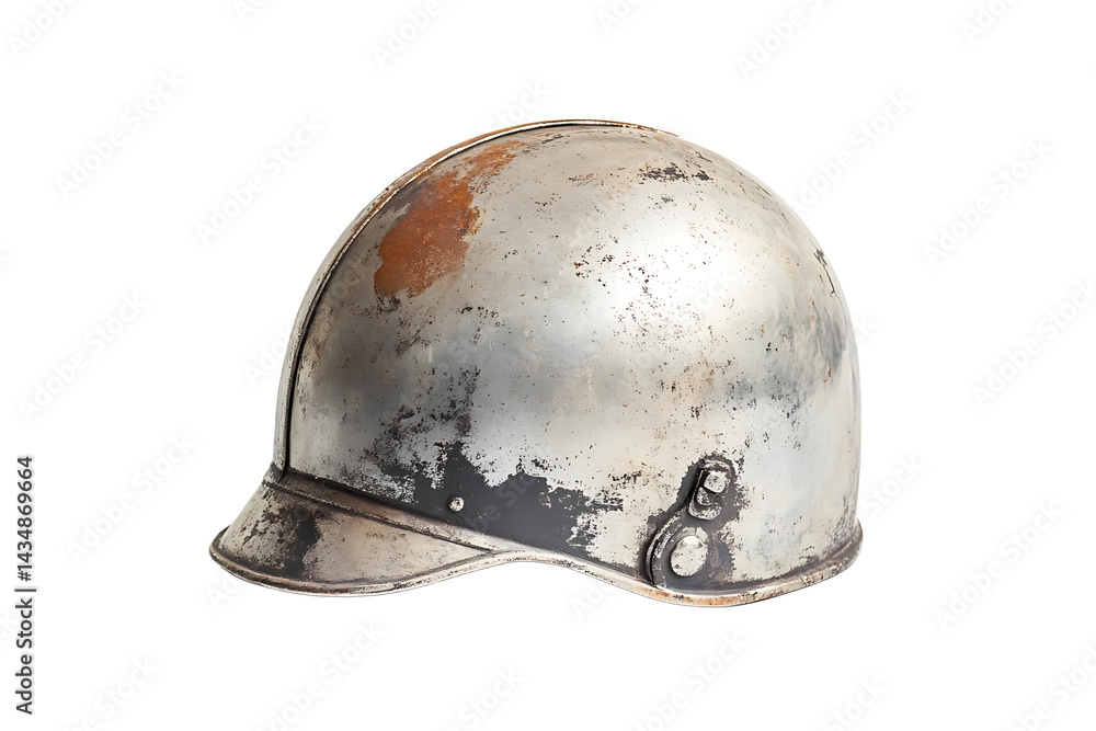 Fototapeta premium A tarnished metal helmet with a visor and visible wear and tear against a black background studio shot