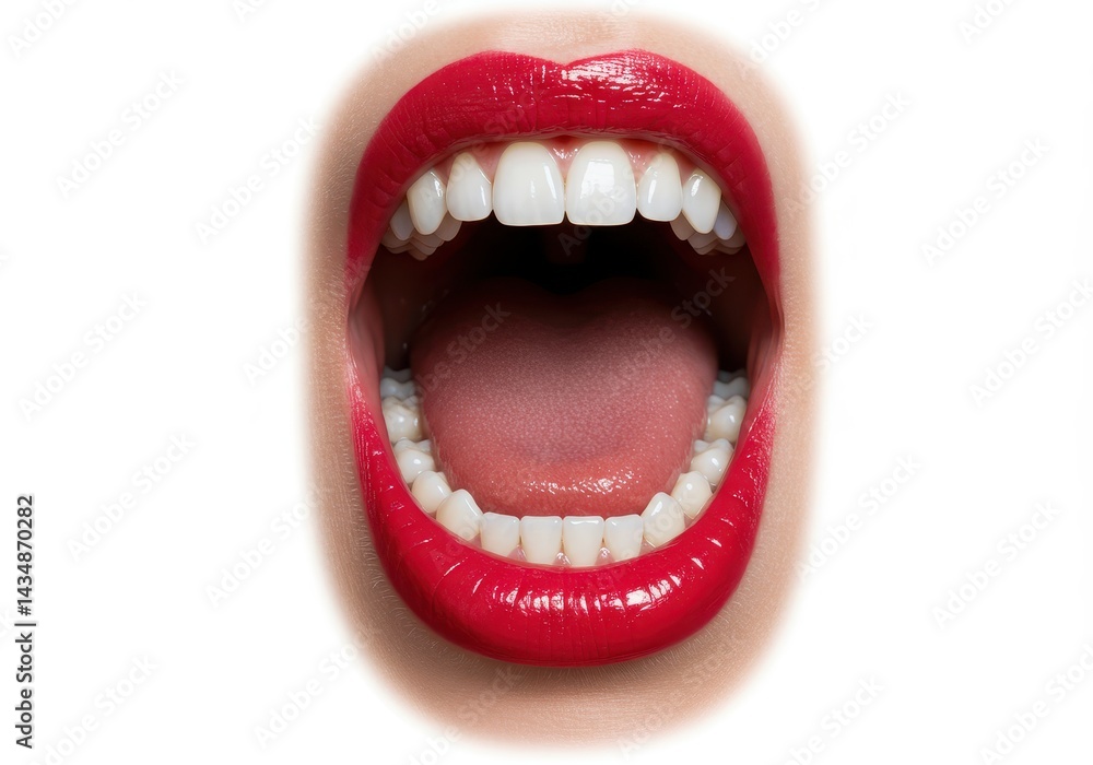 Fototapeta premium A close up view of an open mouth with red lipstick and white teeth on a white background