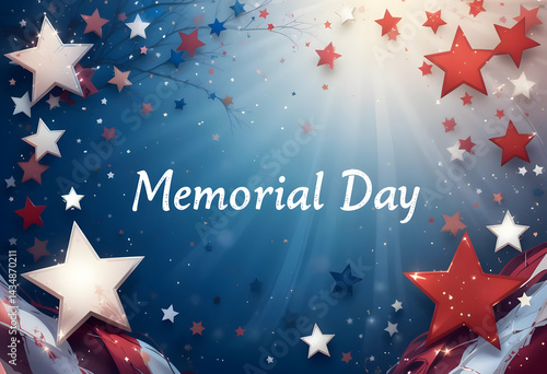 Memorial Day patriotic background with red white and blue stars, glitter, and dynamic 3D elements.