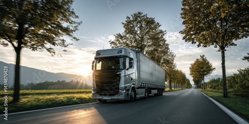 Electric delivery truck driving through a green countryside road under clear blue sky, symbolizing sustainable transport
