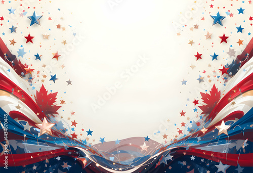 Patriotic background with red and blue brush strokes, white stars, and a festive 4th of July theme.