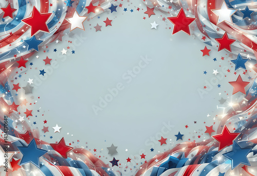 Patriotic background with red white and blue decorations, stars, and sparkly details for 4th of July.