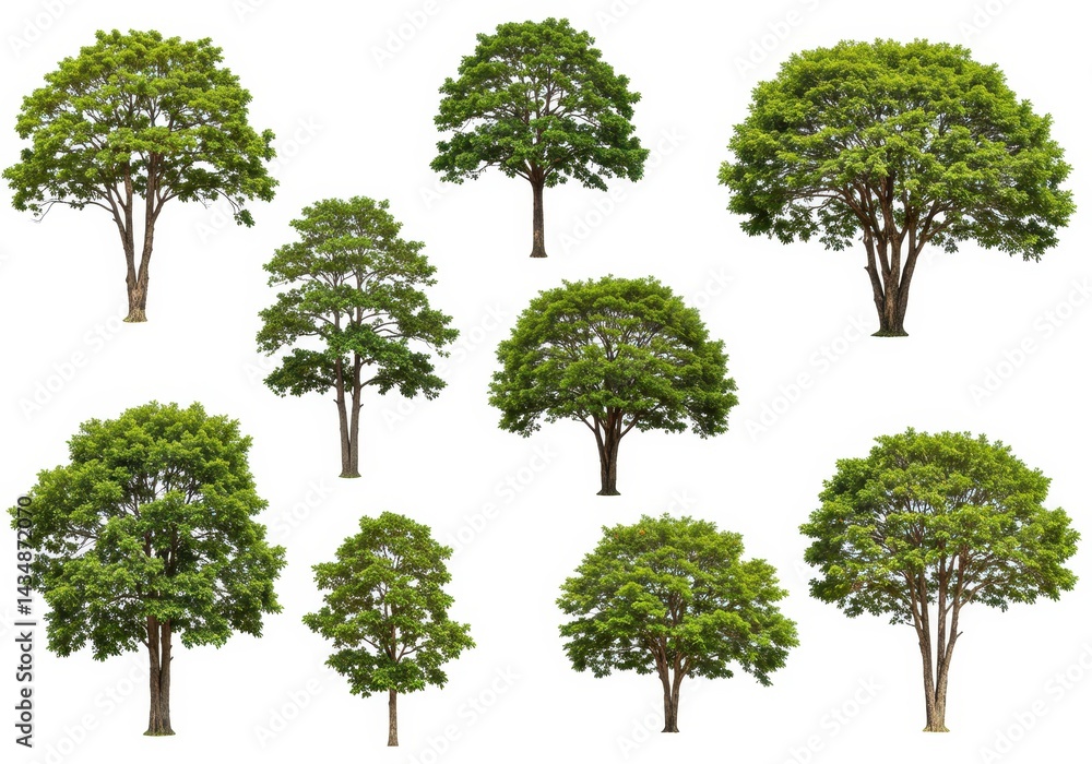Fototapeta premium A collection of nine isolated trees with green leaves on a white background in a studio shot