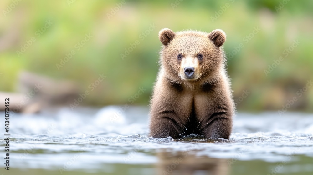 Fototapeta premium Adorable brown bear cub wading in a river