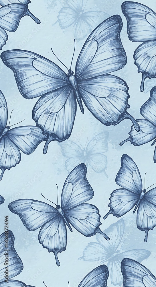 Obraz premium Serene Blue Butterflies: A Hand-Drawn Pattern AI Generated