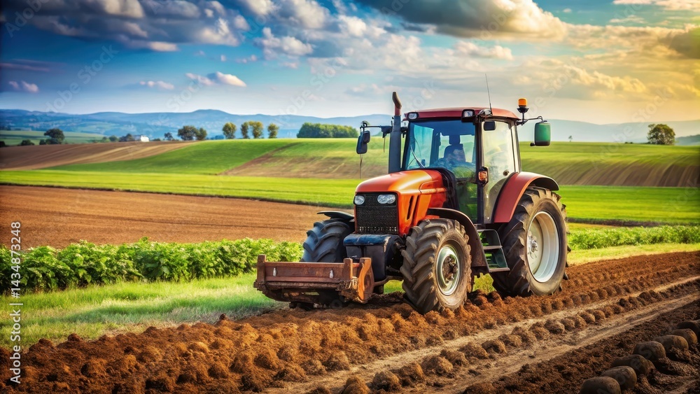 Fototapeta premium A large brown tractor driving on a field with green crops in the background