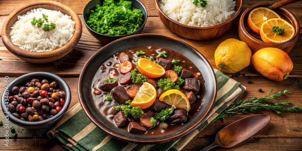 Hearty Brazilian feijoada stew served with steaming hot white rice and sides of farofa crispy fried cassava and sliced oranges , stews, feijoada Hearty Brazilian feijoada stew served with steaming hot white rice and sides of farofa crispy fried cassava and sliced oranges , stews, feijoada