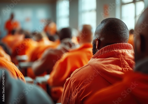 In a prison classroom, inmates in orange jumpsuits attentively listen to a speaker. The rehabilitation setting suggests hope, learning, and transformation inside correctional institutions.