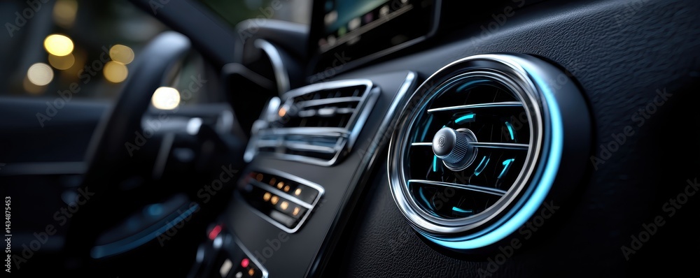 Fototapeta premium Interior shot of a car air vent with airflow visualized, illustrating climate control system efficiency.