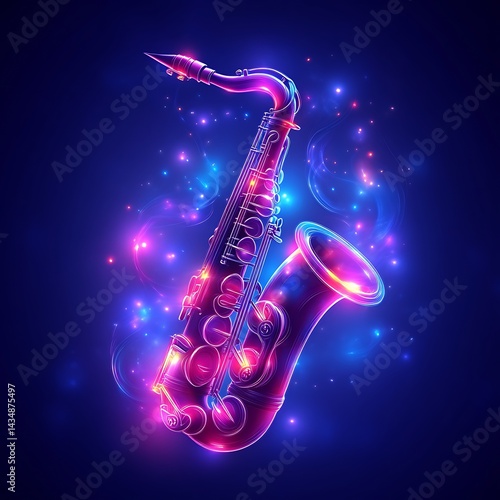 Neon Saxophone Glowing Brightly In Dark Blue Space
