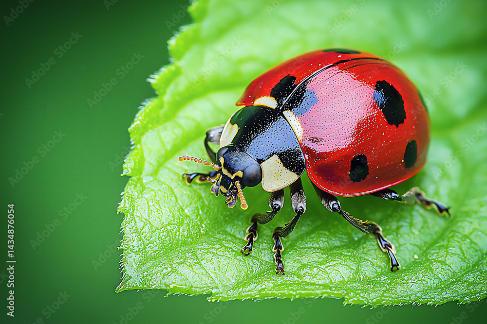 Fototapeta premium close-up of a ladybug on a fresh green leaf (usa spring),