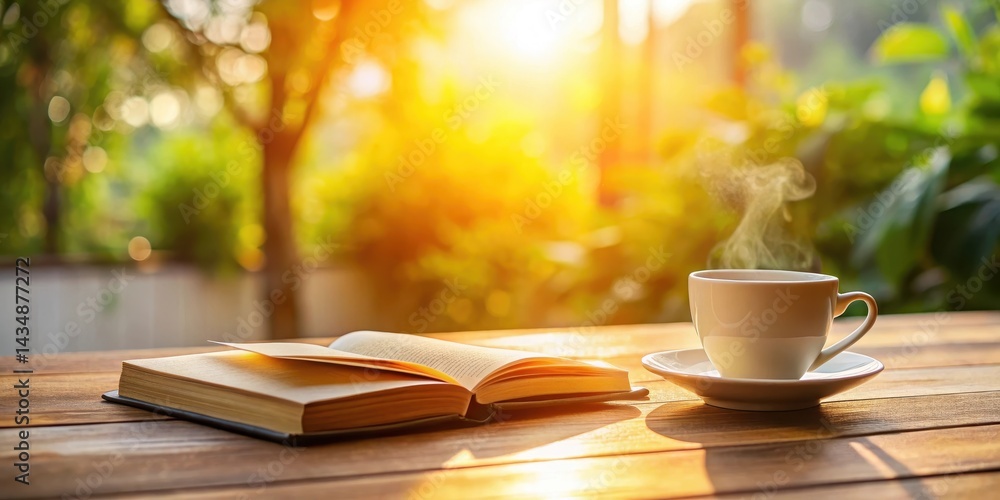 Warm light pours from a wooden table where an empty cup and book sit side by side Warm light pours from a wooden table where an empty cup and book sit side by side