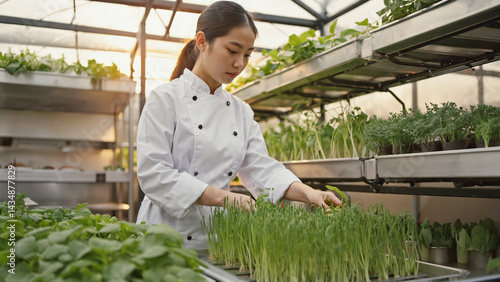 Indoor farming: A chef in a greenhouse cultivating fresh microgreens and herbs for gourmet cuisine.