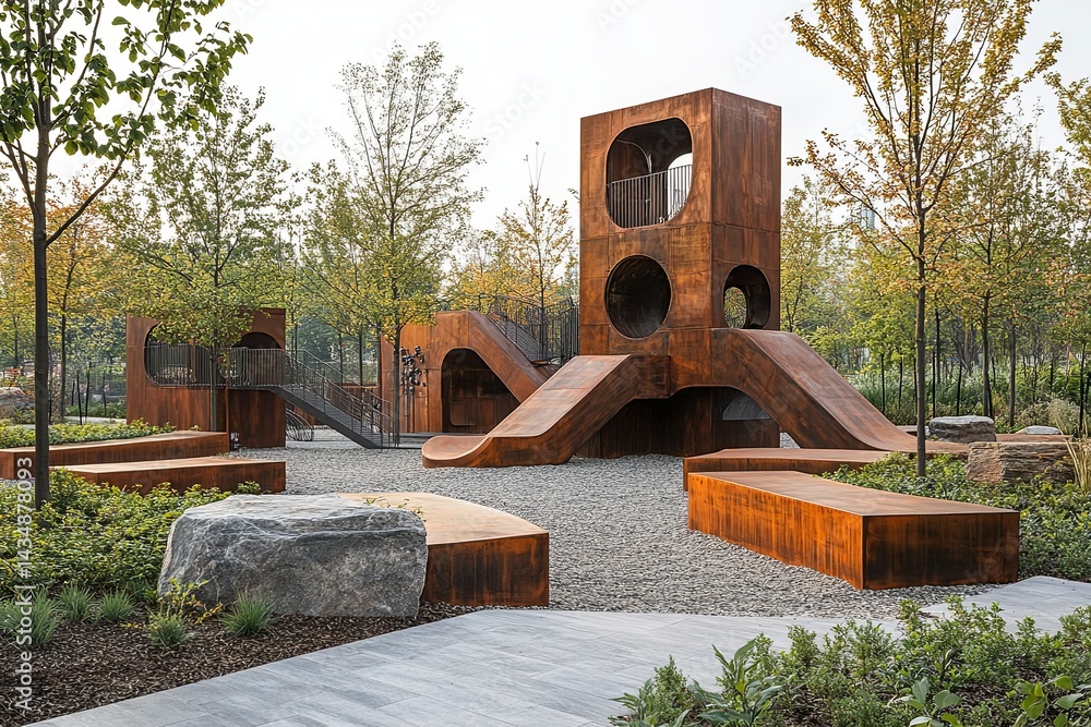 Fototapeta premium A modern playground built with brown metal and natural elements