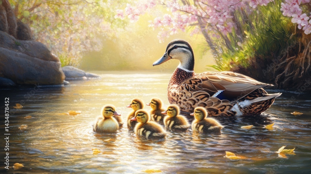 Fototapeta premium Ducklings swim spring creek, blossom backdrop