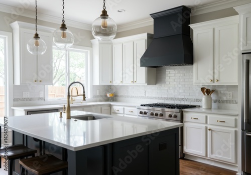 A bright kitchen featuring white cabinets a black range hood and a large island with seating area