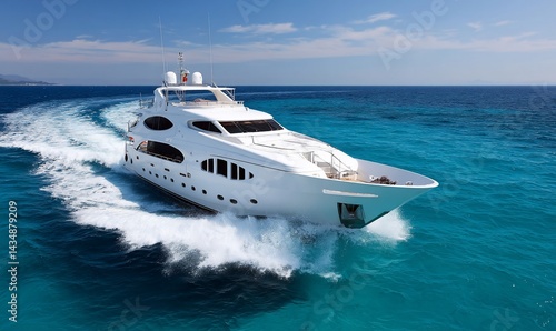 Luxurious white yacht gliding across turquoise water